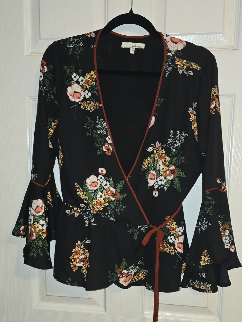 june & hudson Black Floral Wrap Blouse with Rust Trim and Bell Sleeves‎
